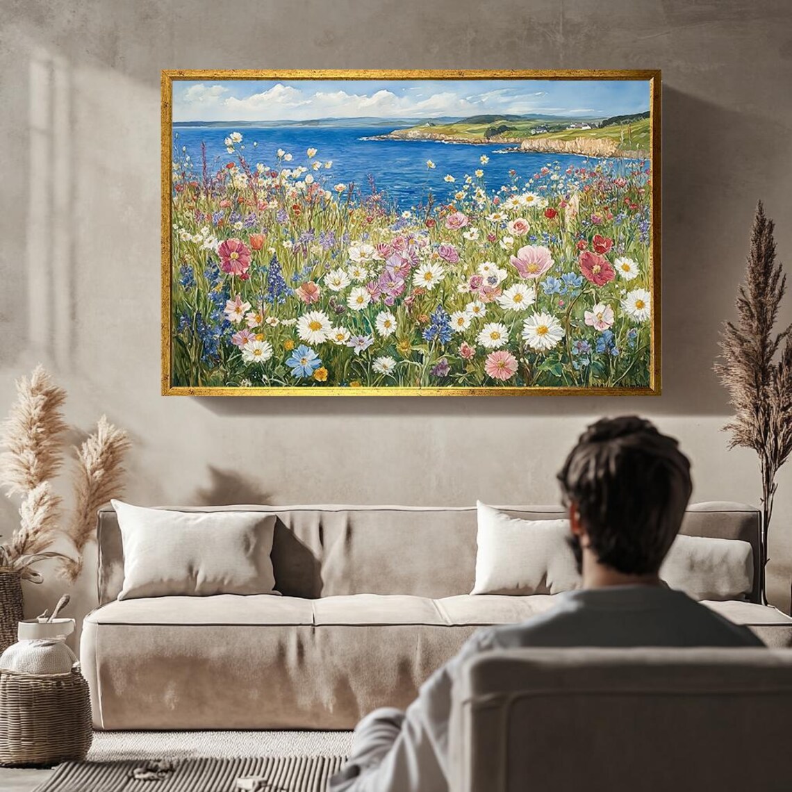 Coastal Wildflower Meadow Ocean Cliffs Colorful Landscape Poster - Image 3