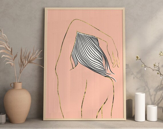 Elegant Female Back Line Art Blush Pink and Gold Accent Poster