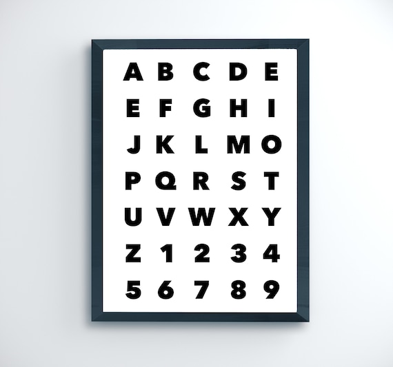 Black and White Alphabet Numbers Chart Minimalist Nursery Poster