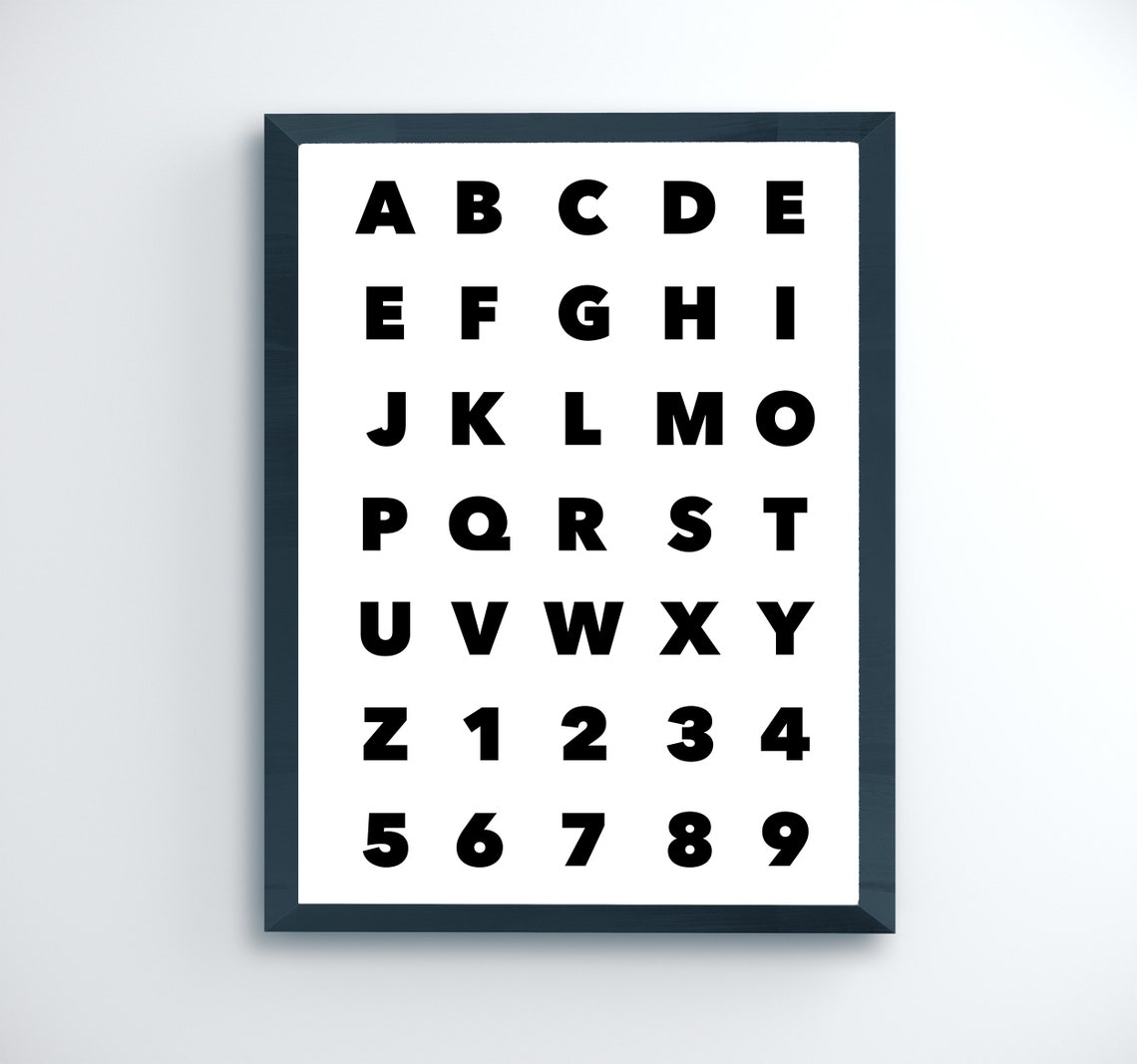 Black and White Alphabet Numbers Chart Minimalist Nursery Poster