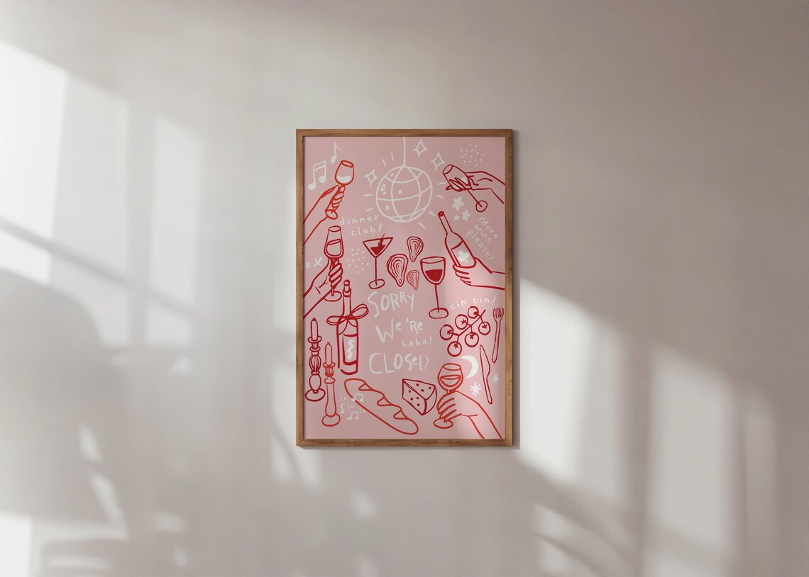 Pink Dinner Club Sorry We're Closed Wine Illustration Poster - Image 5