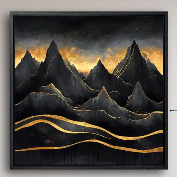 Abstract Mountain Landscape Framed Wall Art Black And Gold Mountains Painting Print Luxury Decor Nature Inspired Poster Ready To Hang