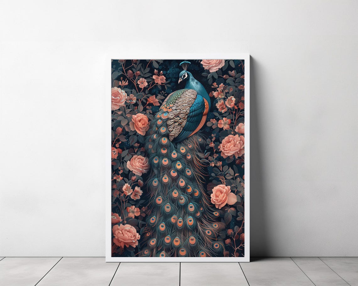 Peacock with Flowing Tail Feathers in a Pink Rose Garden Art Poster - Image 3