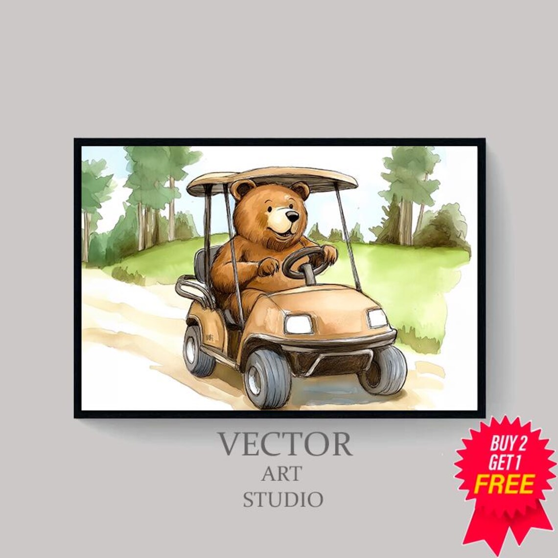 Smiling Bear Driving Golf Cart Watercolor Nursery Golf Theme Poster - Image 4