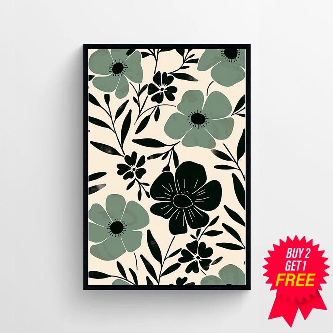 Sage Green and Black Anemone Flowers on Cream Botanical Pattern Print - Image 4