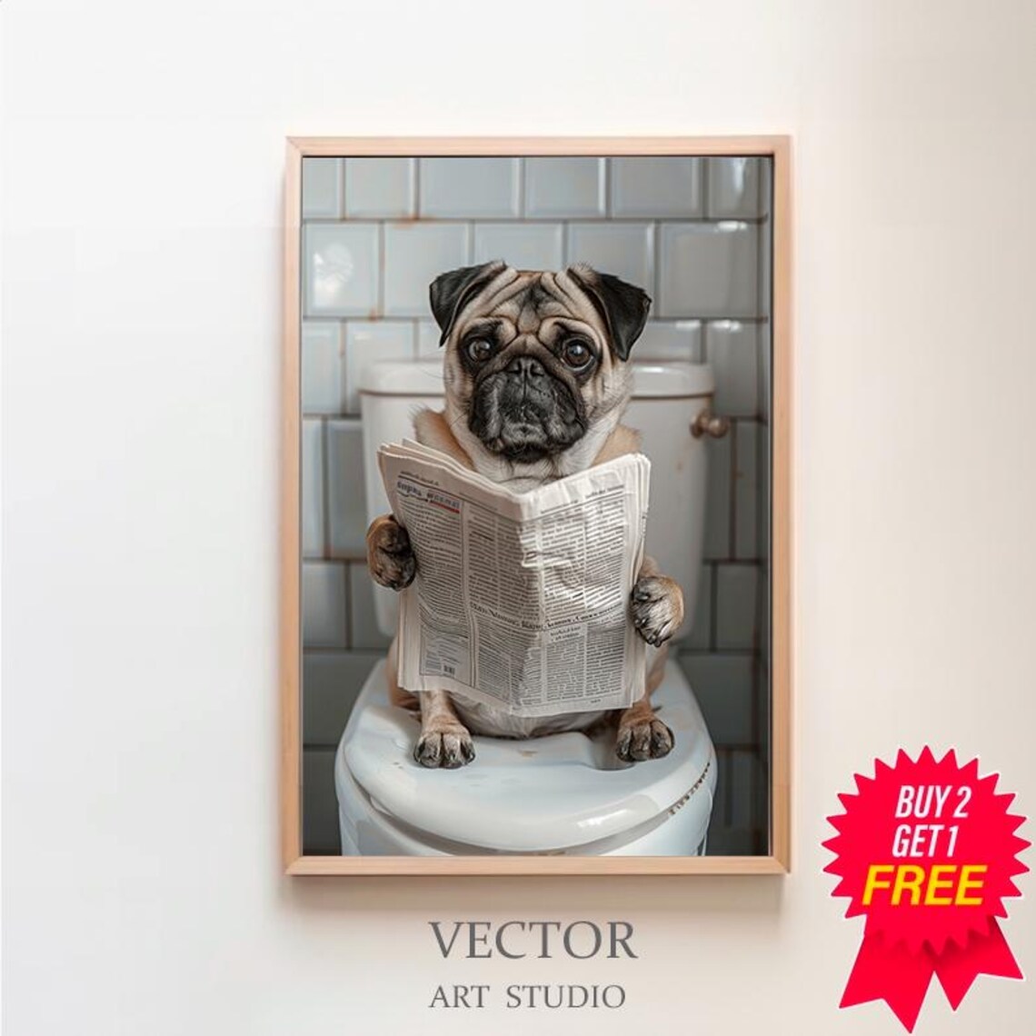 Pug Reading Newspaper on Toilet Funny Full Color Bathroom Art Poster