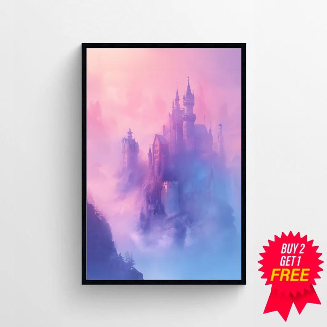 Abstract Magic Castle Painting Pastel Kingdom Wall Art Print Modern Pink Colorful Kids Room Playroom Nursery Wall Art Print - Image 4