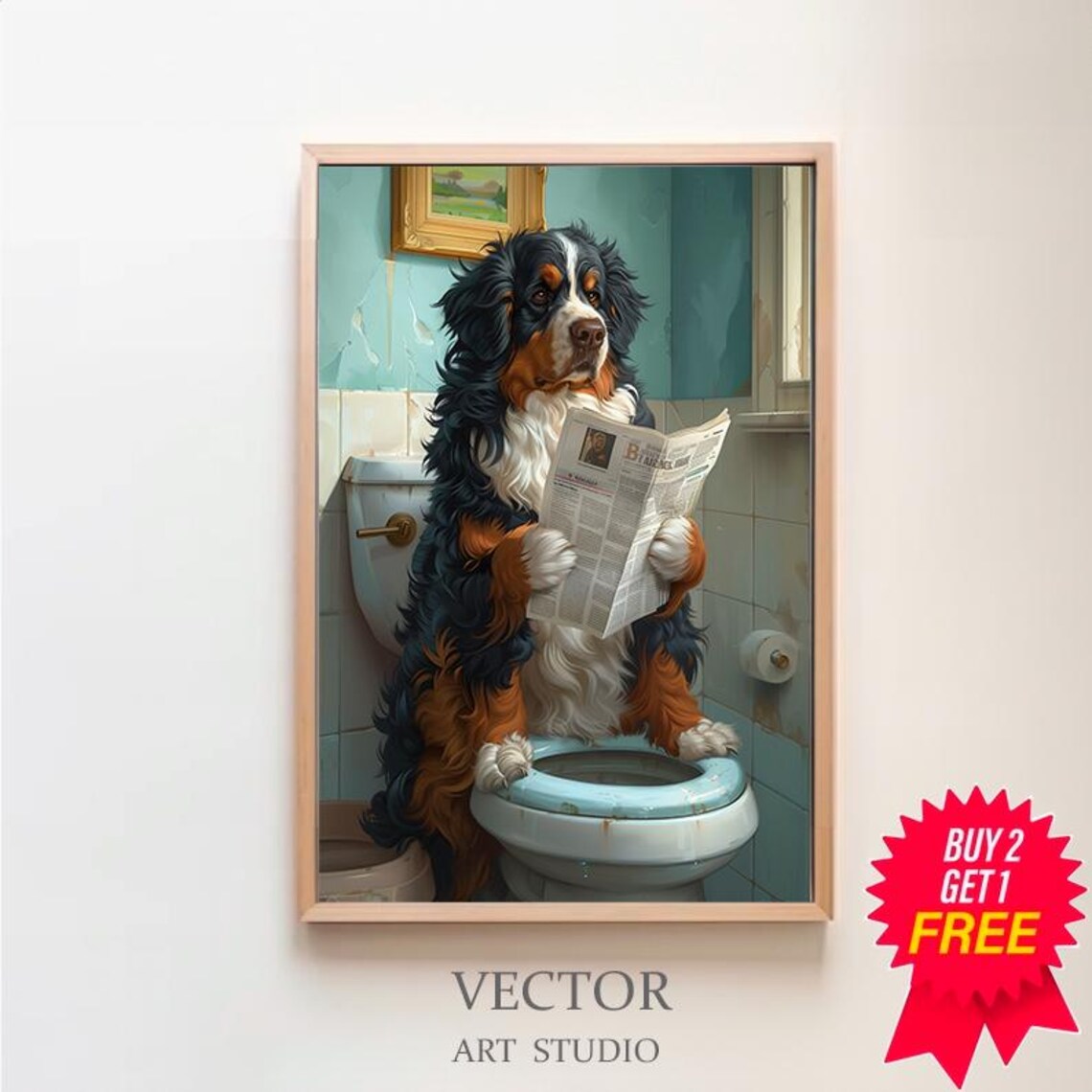 Funny Bernese Mountain Dog Reading Paper in the Bathroom Poster
