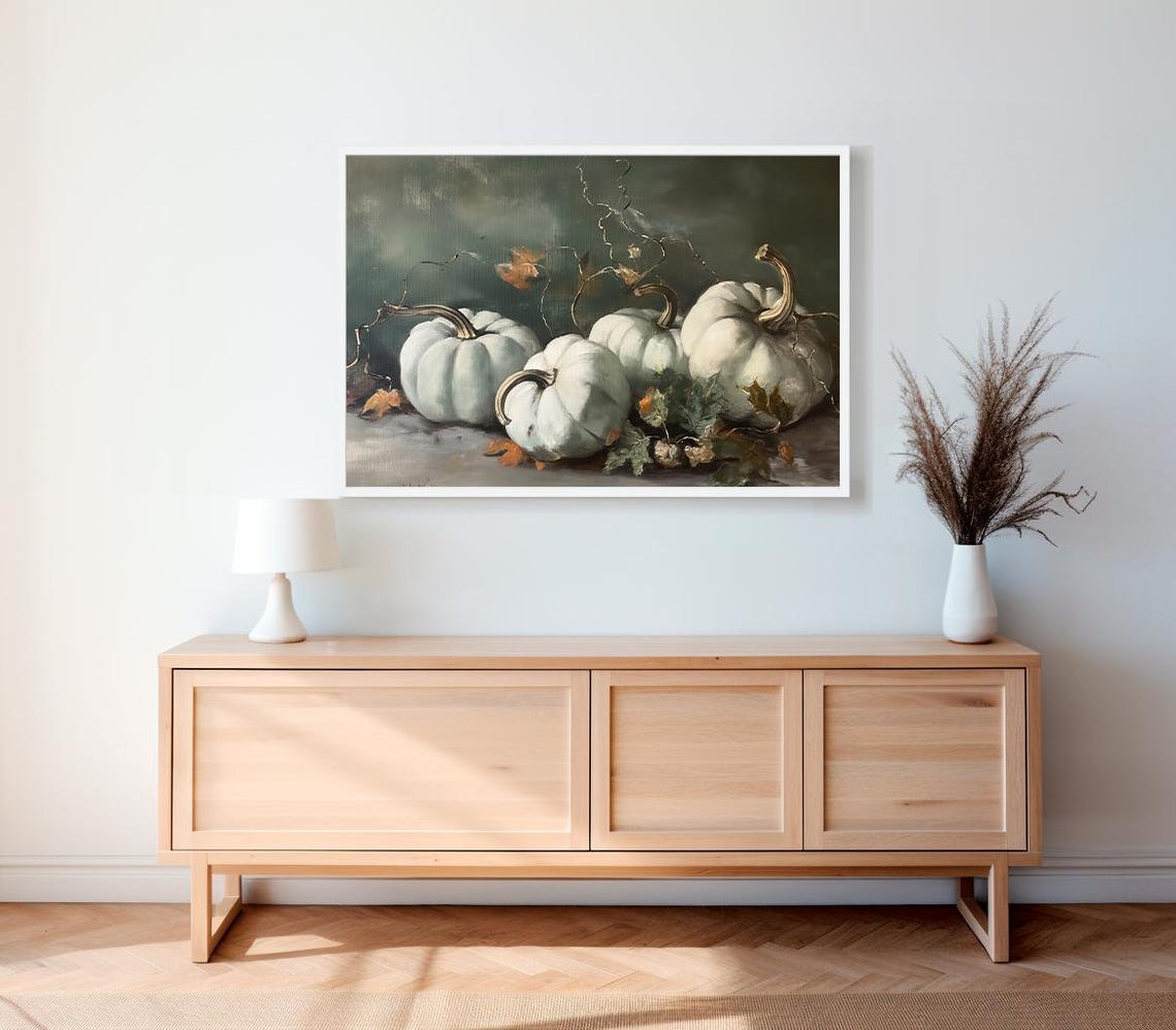 White Pumpkin Cluster With Vines Dark Moody Still Life Poster - Image 2