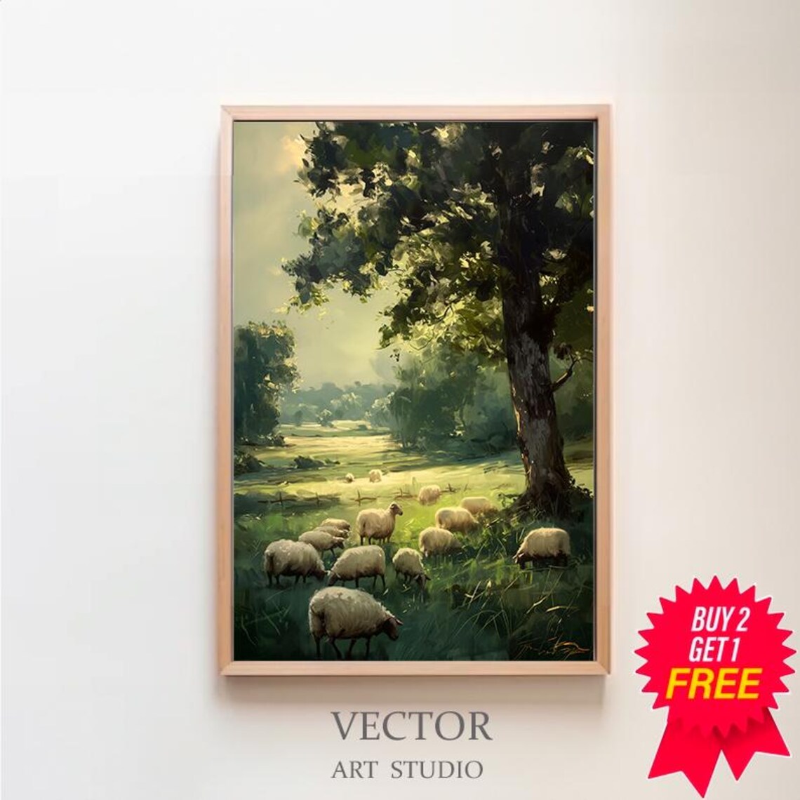 Pastoral Sheep Grazing in a Green Meadow Under a Big Tree Poster