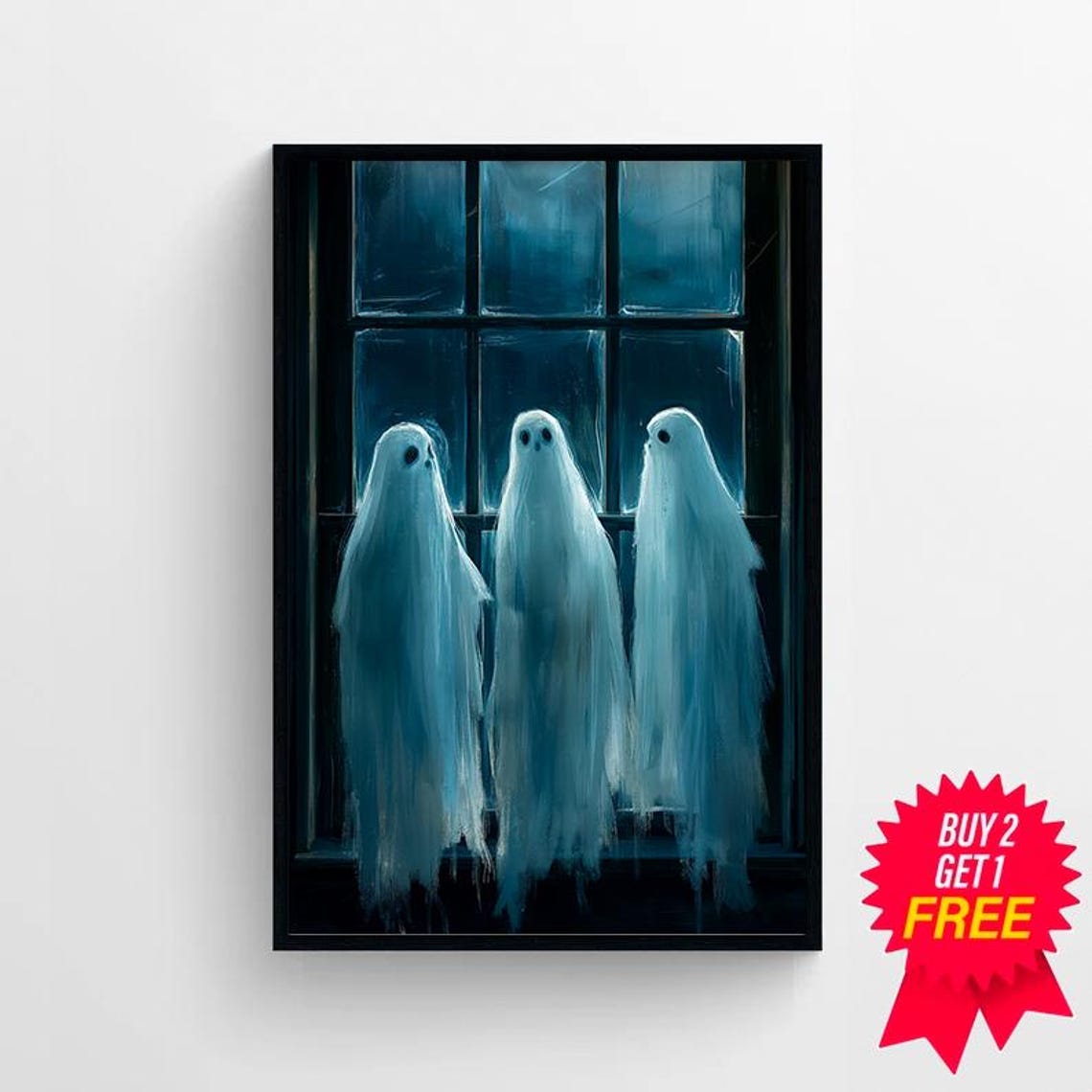 Three Ghosts Looking Out A Window At Night Spooky Halloween Poster - Image 4