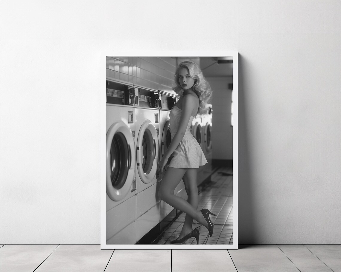 Retro Blonde Pin Up Woman Posing by Washing Machines Laundromat Poster - Image 3
