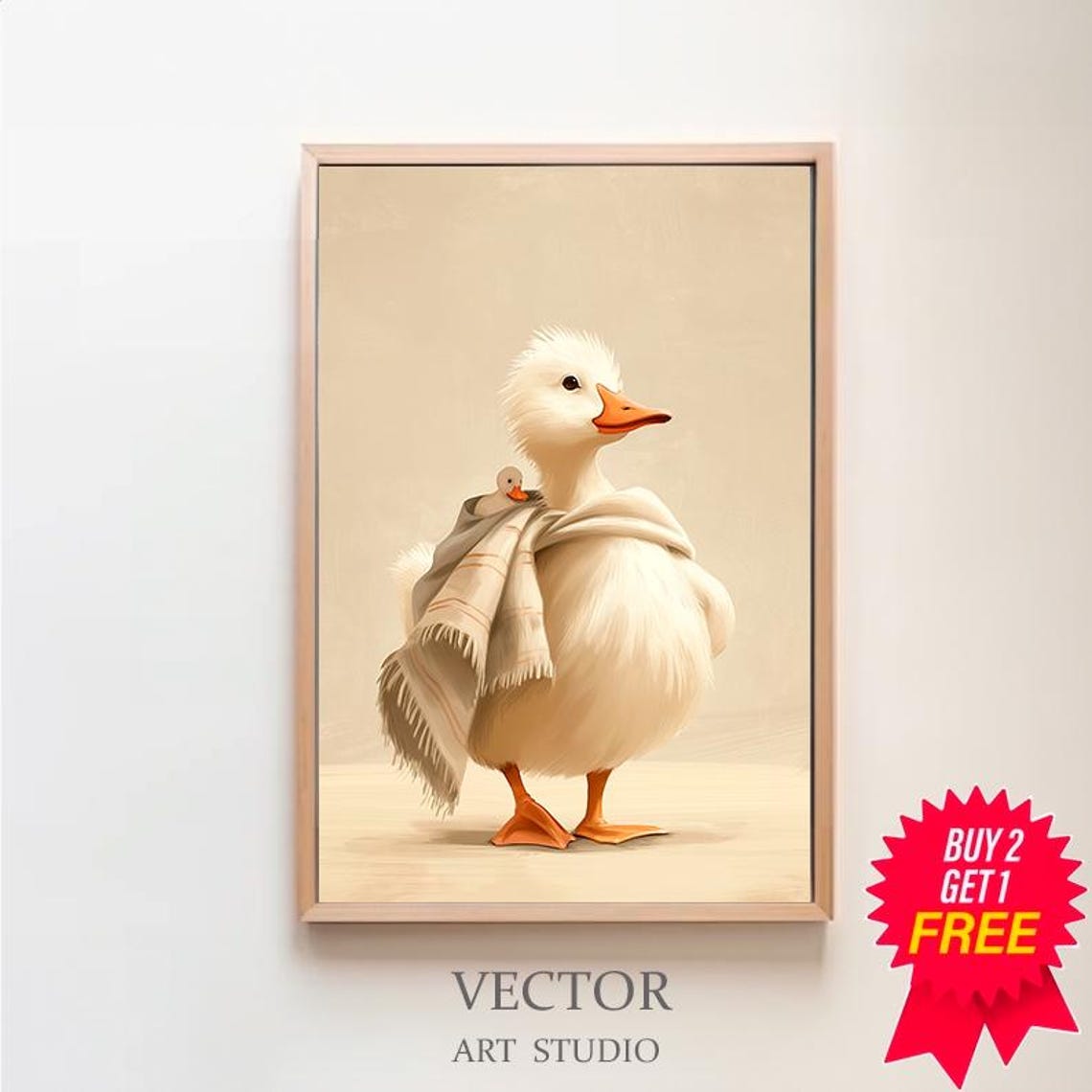 Mother Duck Cuddling Duckling in Beige Shawl Sweet Nursery Poster