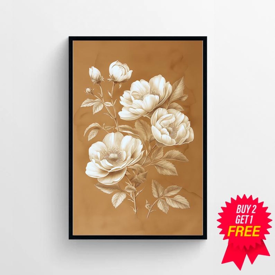 Delicate Cream White Rose Blooms on Caramel Background Poster - Image 4