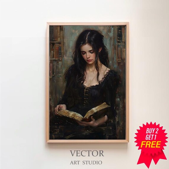Woman Reading in Old Library Vintage Dark Academia Oil Art Print