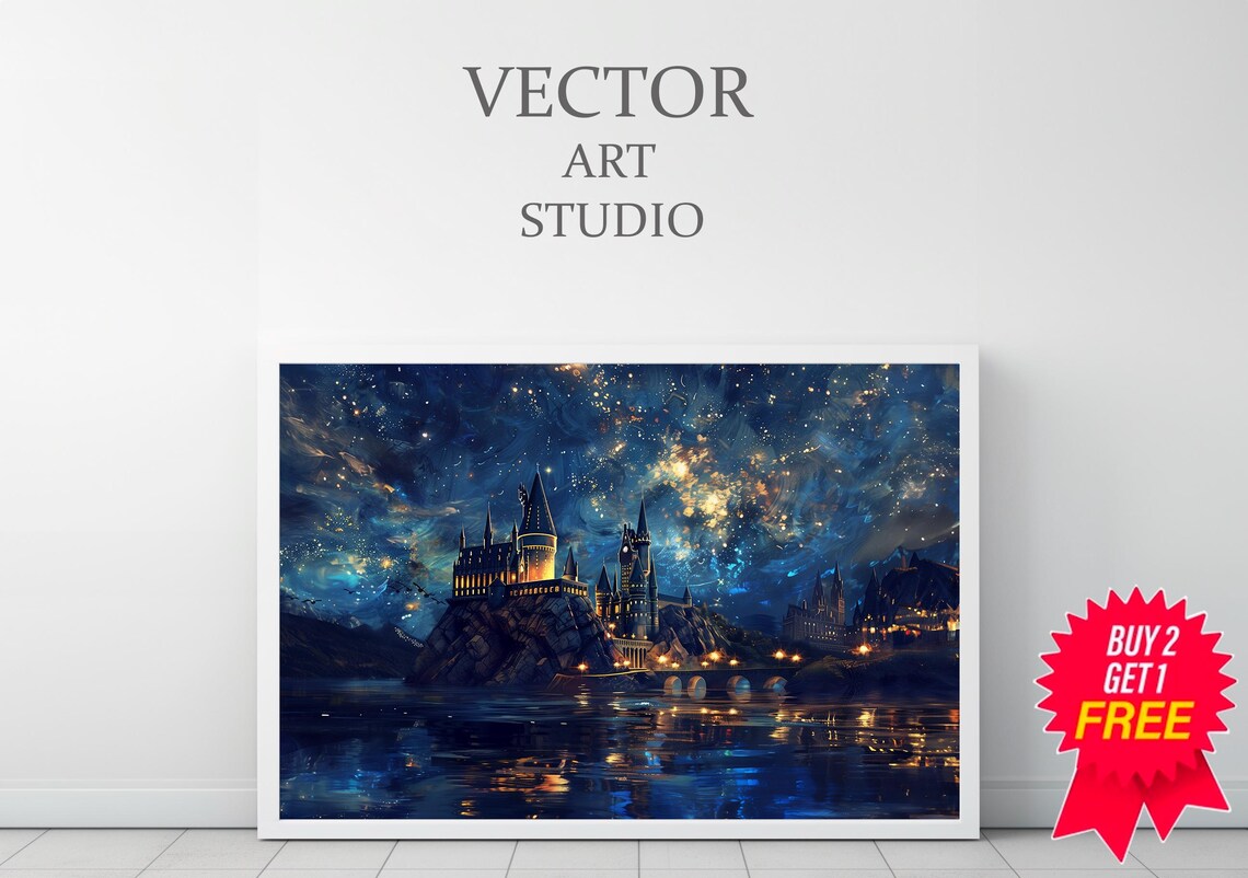 Night Castle Under Swirling Starry Sky Fantasy Oil Painting Print - Image 3