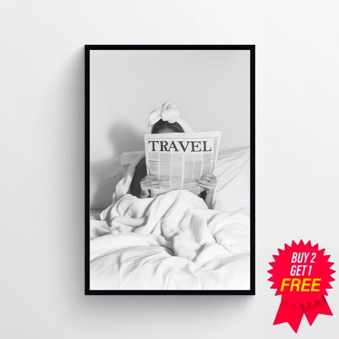Woman Reading Travel Newspaper in Bed Black and White Poster - Image 4