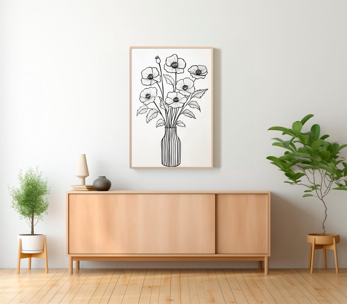 Black and White Poppy Line Drawing in a Tall Striped Vase Poster - Image 2