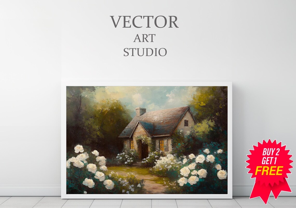 Stone Cottage White Roses Evening Glow Vintage Painting Poster - Image 3
