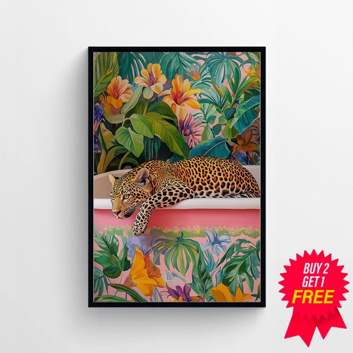 Leopard Draped Over a Pink Tub in a Vibrant Tropical Floral Room Poster - Image 4