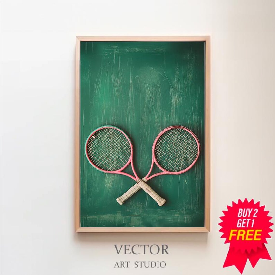 Two Pink Tennis Rackets Crossed on Vintage Green Chalkboard Poster