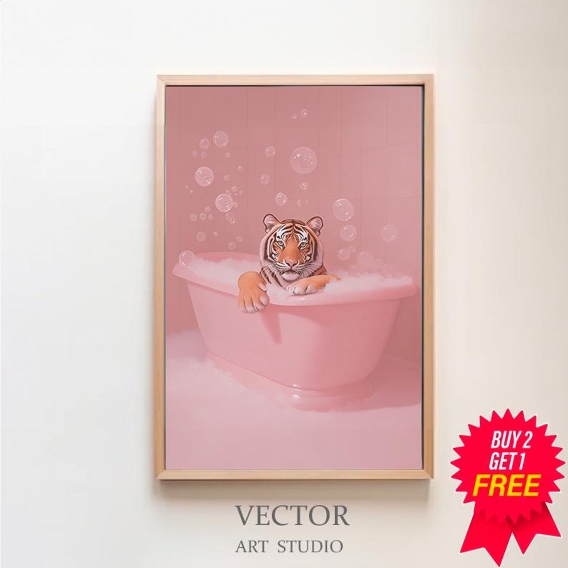 Adorable Tiger Cub Relaxing in a Pink Bubble Bath Pastel Art Poster