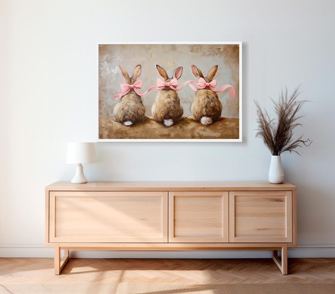 Three Bunnies With Pink Bows Seen From Behind Vintage Easter Poster - Image 2