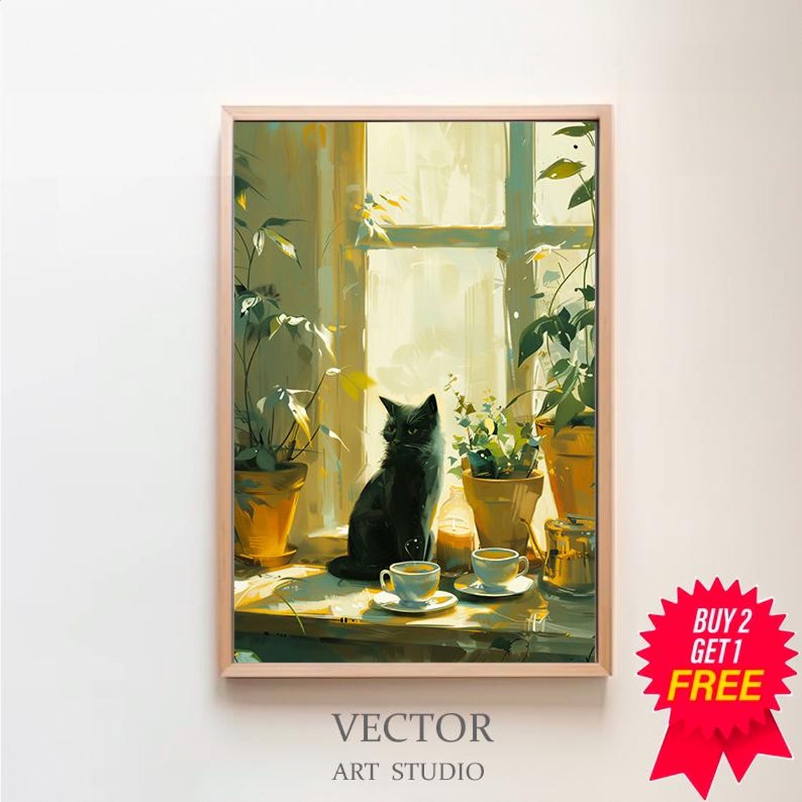 Black Cat Sitting by Sunny Window with Vintage Tea Cups Kitchen Poster