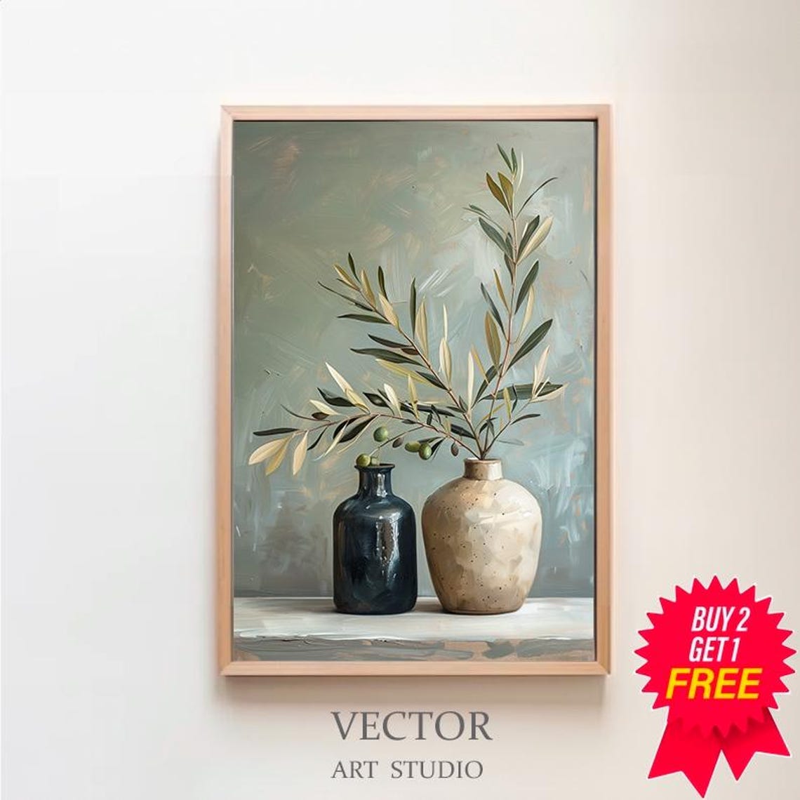 Two Ceramic Vases With Olive Branches Minimalist Still Life Poster