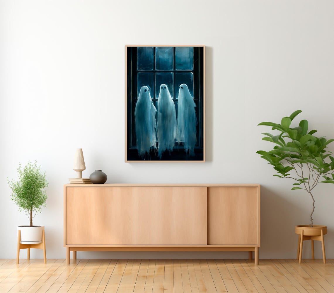 Three Ghosts Looking Out A Window At Night Spooky Halloween Poster - Image 2