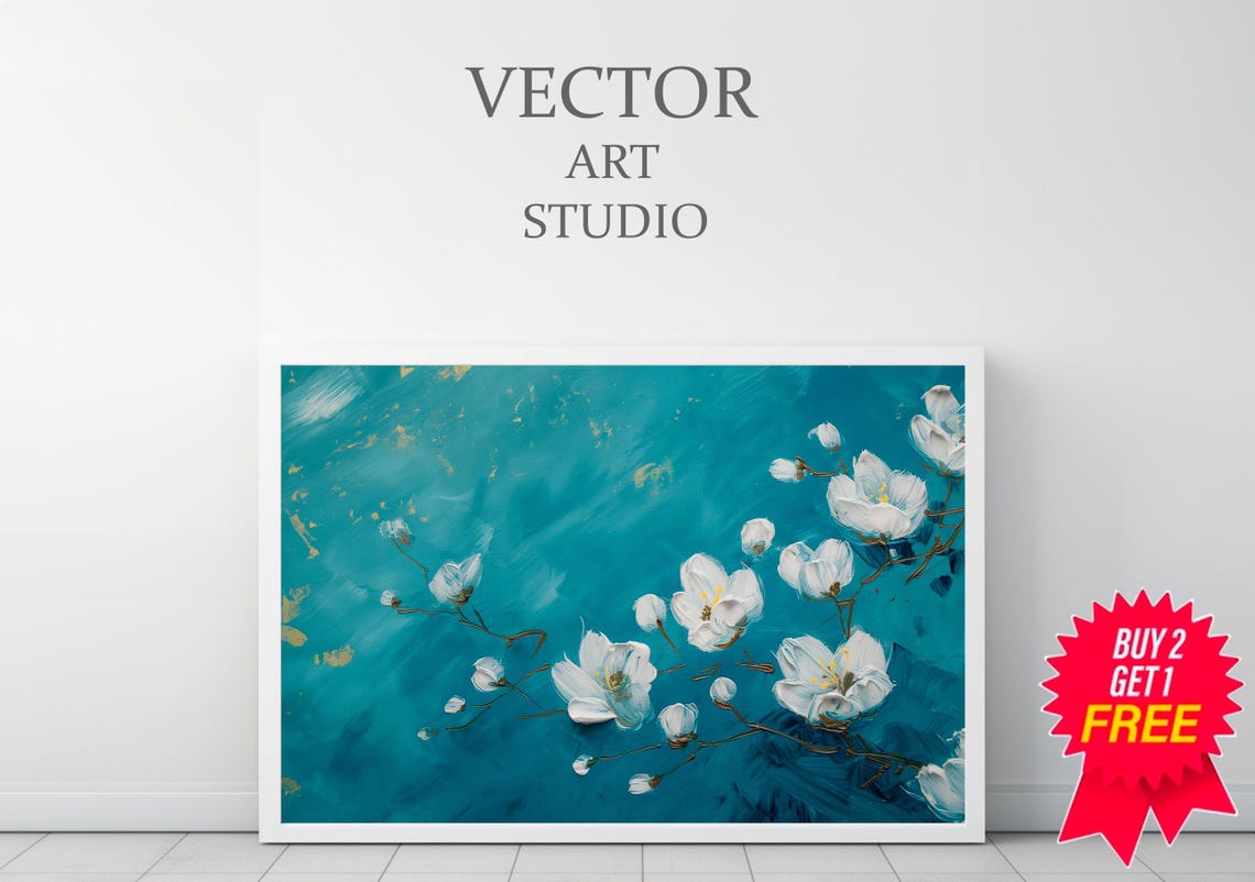White Magnolia Blossoms On A Deep Teal Background Floral Wall Art - Image 3