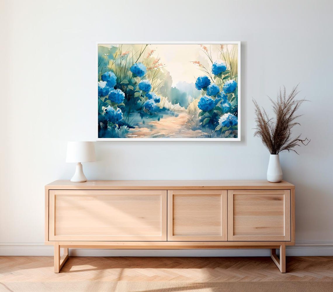 Blue Hydrangea Garden Path Watercolor Spring Botanical Art Print - Image 2