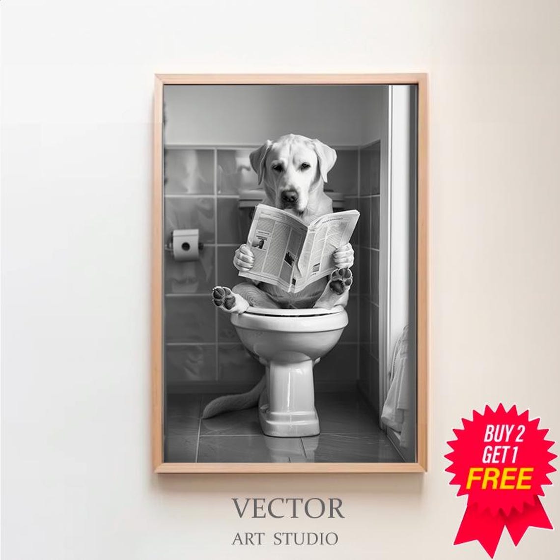 Labrador Retriever Reading on Toilet Black and White Funny Poster