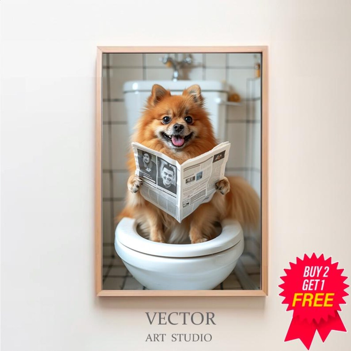 Pomeranian in Toilet, Funny Bathroom Art Print