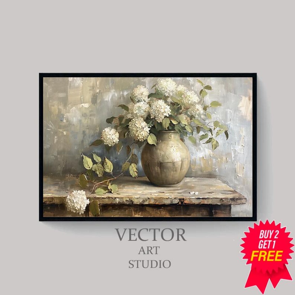 Hydrangeas in Vintage Vase, Muted Floral Art Print - Image 4