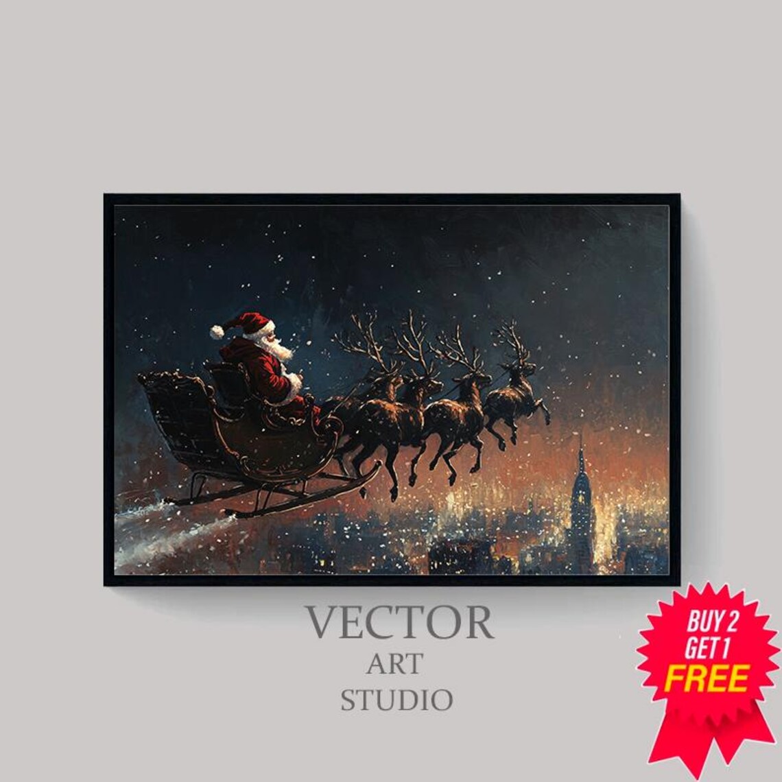 Santa Sleigh Over Snowy City At Dusk Vintage Christmas Poster - Image 4