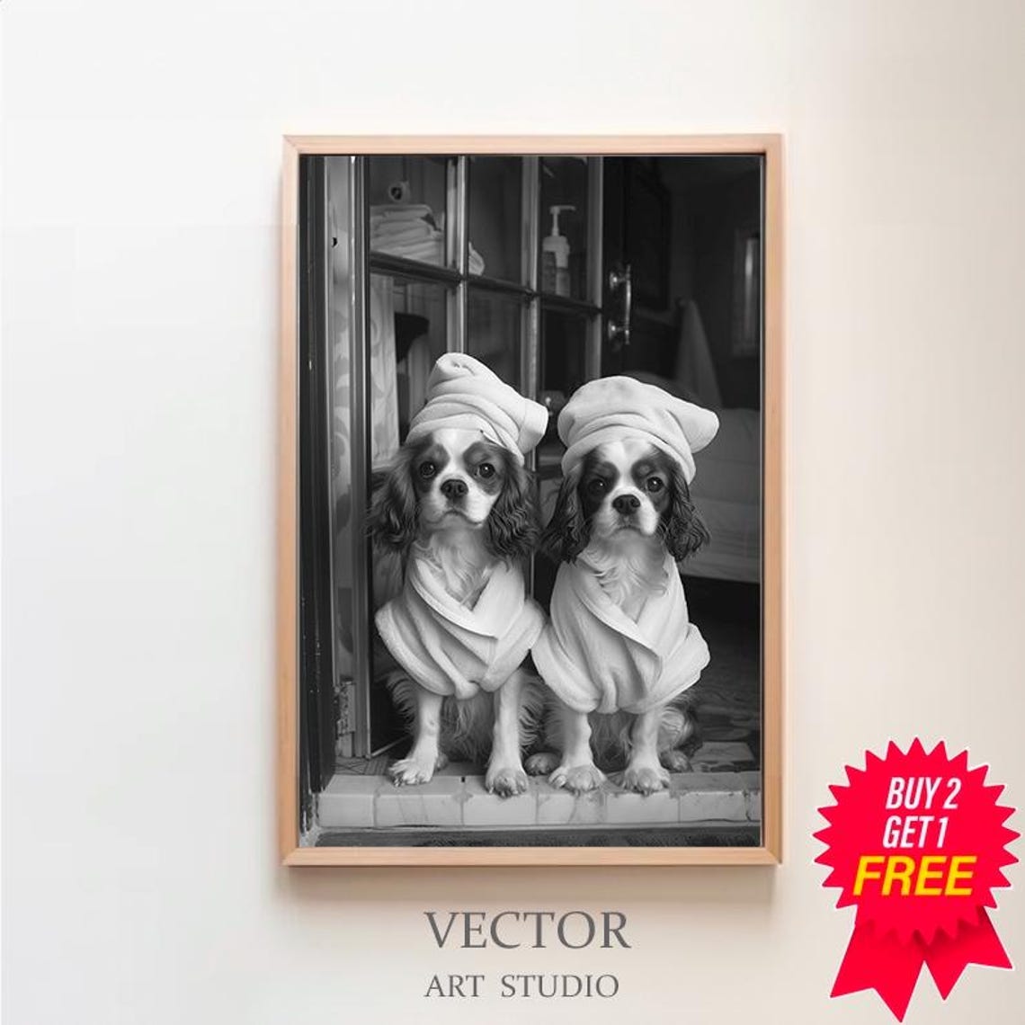 Two Cavalier Spaniels in Bathrobes at Glass Doors Funny Poster