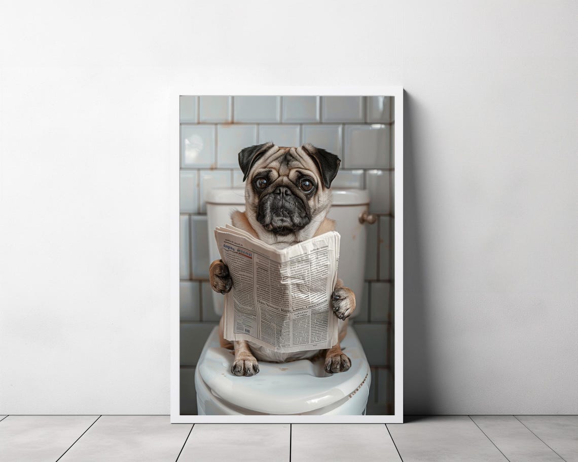 Pug Reading Newspaper on Toilet Funny Full Color Bathroom Art Poster - Image 3