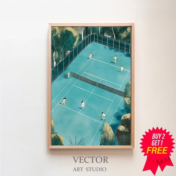 Retro Tennis Art Tennis Vintage Art Small People Art Minimalist Wall Decor Art Print Blue Wall Art Blue Art Print