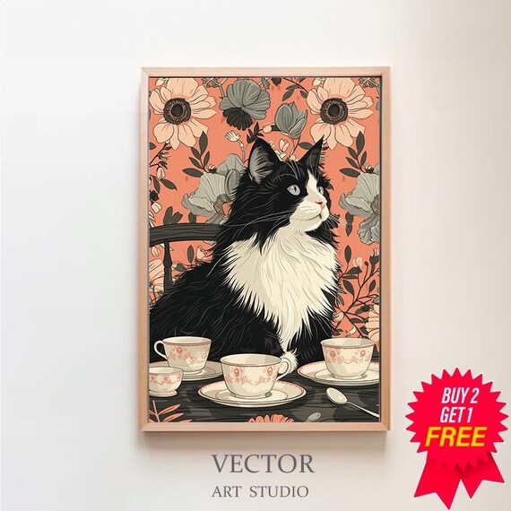 Elegant Tuxedo Cat With Teacups on a Dark Table Botanical Poster