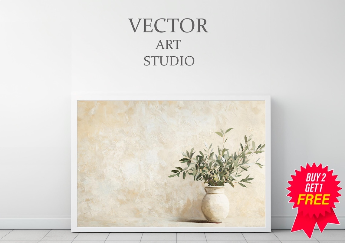 Neutral Cream Vase With Olive Sprigs On Textured Beige Wall Poster - Image 3