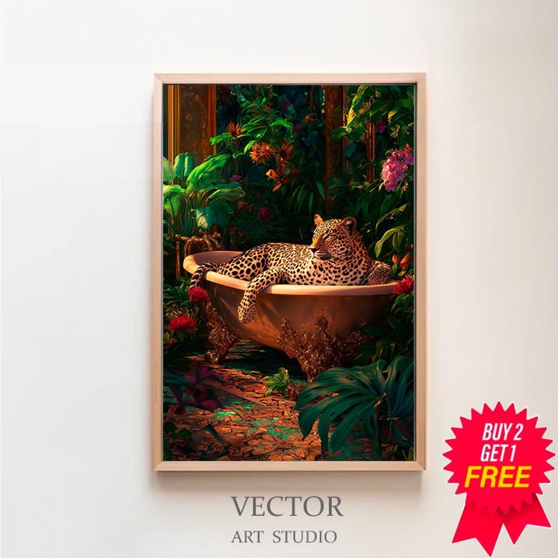 Wall Art Leopard In A Bathtub Maximalist Oil Painting Colorful Trendy Kitsch Bathroom Print Vivid Bold Dopamine Animal Picture