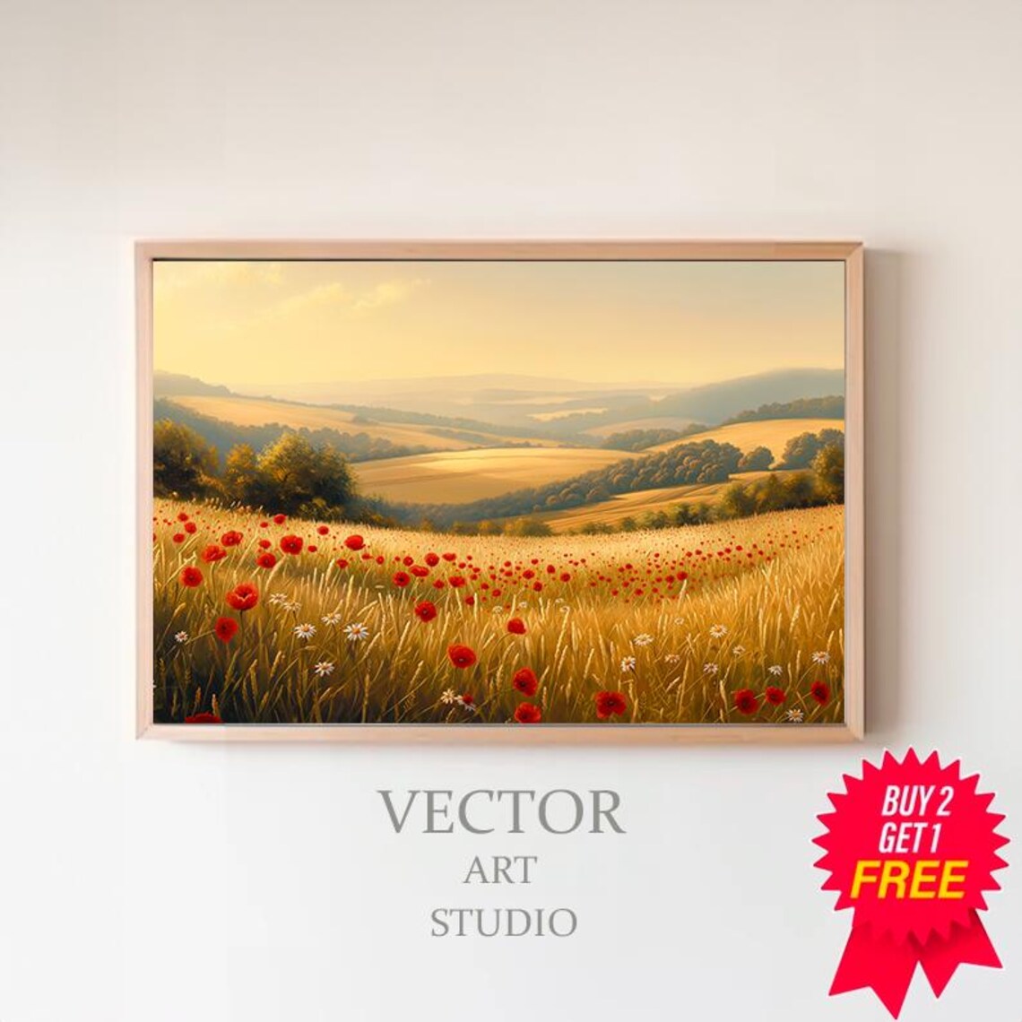 Golden Wheat Field With Red Poppies At Sunset Meadow Art Poster