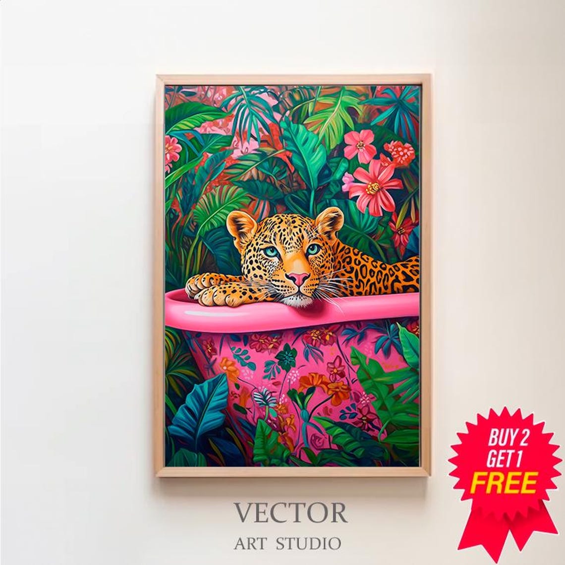 Wall Art Leopard In A Bathtub Maximalist Oil Painting Colorful Trendy Kitsch Bathroom Print Vivid Bold Dopamine Animal Picture