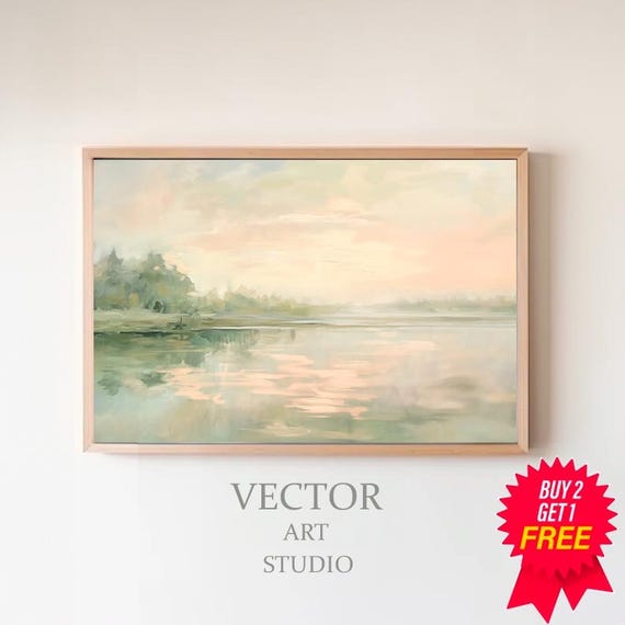Country River Spring Frame Tv Art Vintage Summer Landscape Painting Neutral Soft Easter Decor Abstract Watercolour Painting