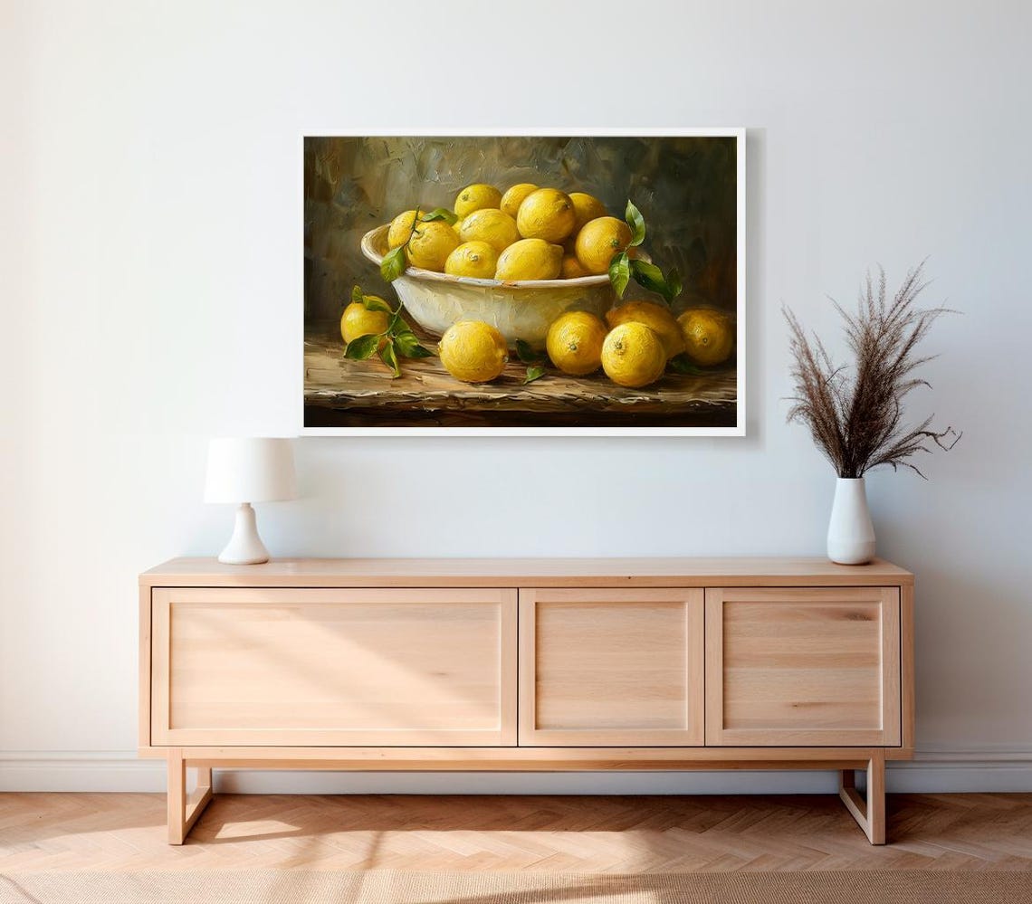 Moody Lemon Painting Art Vintage Fruit Still Life - Image 2