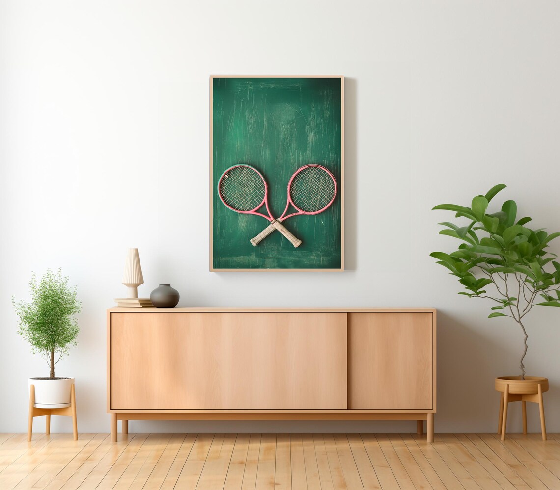 Two Pink Tennis Rackets Crossed on Vintage Green Chalkboard Poster - Image 2