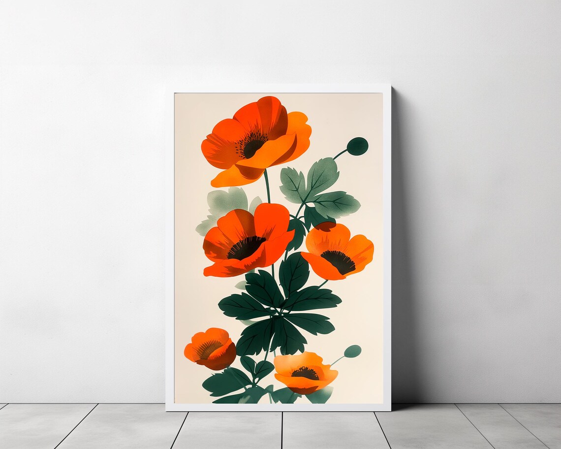 Vibrant Orange Poppy Flowers Vintage Botanical Illustration Poster - Image 3
