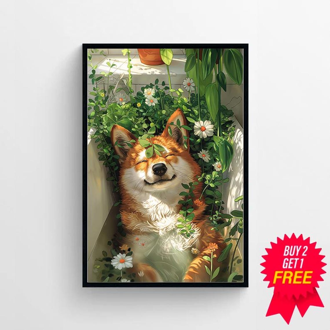 Sunlit Shiba Inu Smiling Blissfully Among Flowers in Bathtub Poster - Image 4