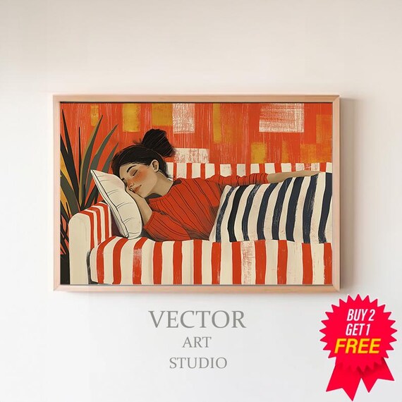 Modern Abstract Wall Art Woman On Red Orange Striped Couch Unique Line Drawing Large Print For Vibrant Home Decor
